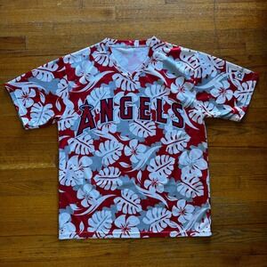 Los Angeles Angels MLB Hawaiian Jersey Shirt Red Floral Tropical Mesh Mens Large